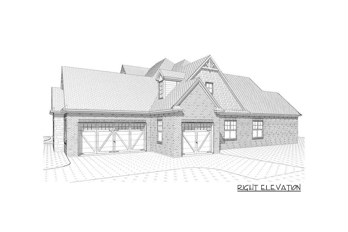 Right elevation house plan exterior featuring brick, intersecting gables, dormer, and two garage doors.