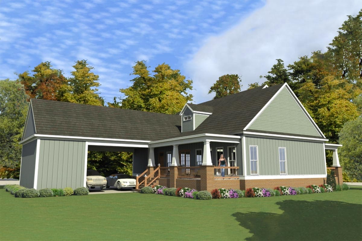 House plan exterior: One-story Modern Farmhouse with covered porch, gables, dormer, and attached carport with two cars.