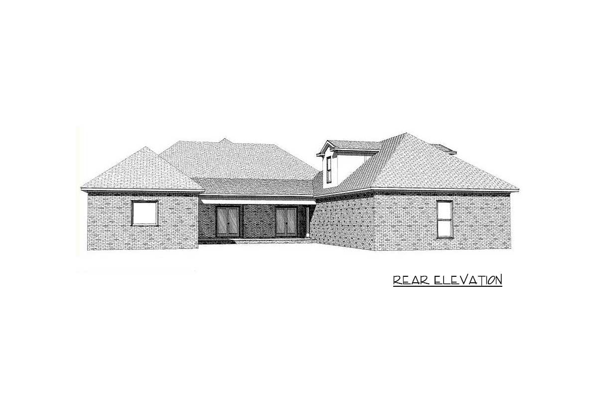 Rear elevation house plan with brick exterior, multi-level roof, and double doors.