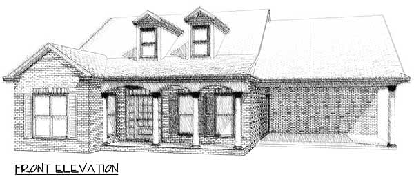 Front elevation drawing of a brick house with dormers, a covered porch with columns, and an attached garage.
