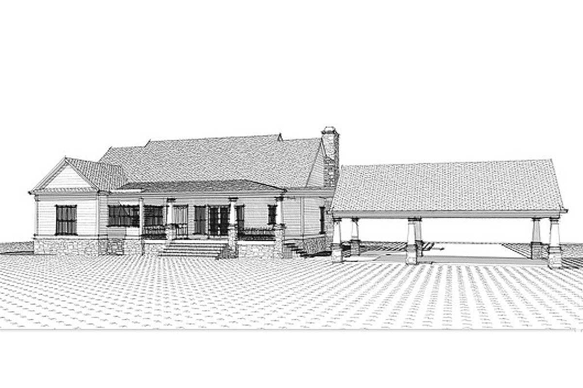 House plan exterior drawing: Ranch style, single-story with covered front porch, gables, stone base, and attached carport.