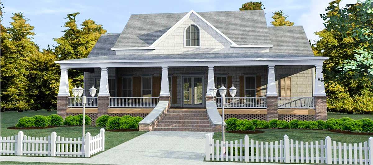 House plan exterior: Two-story Modern Farmhouse with a wide covered porch supported by columns, arched dormer window, and gable rooflines.