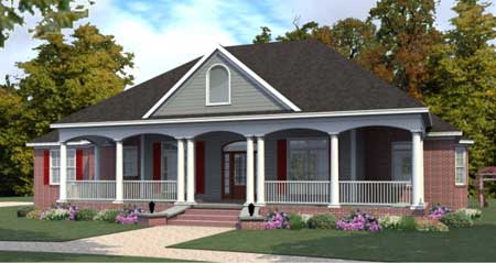 House plan exterior: One-story home with a wraparound porch supported by columns, arched dormer, and brick base.