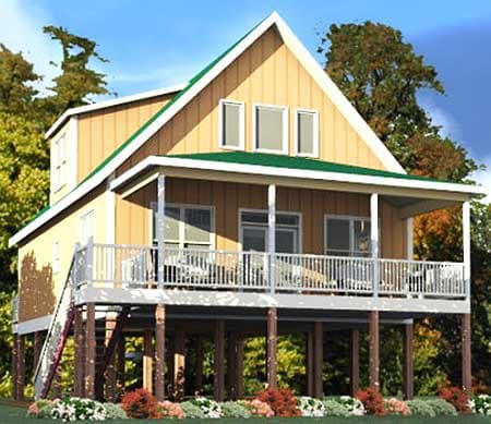 House plan exterior: Two-story raised-foundation home with a prominent wrap-around porch, gable roof, and dormer.