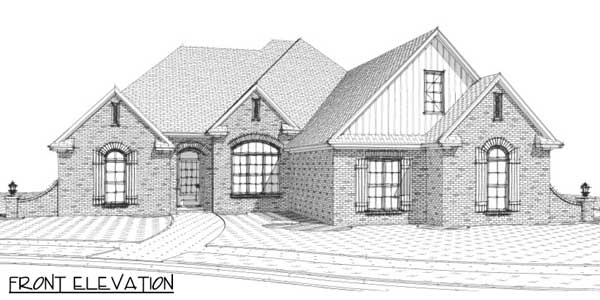 Front elevation house plan with brick facade, arched windows, gables, and prominent rooflines.