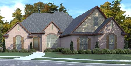 House plan exterior: One-story brick home with a prominent gable, arched windows, dormer, and covered entry.