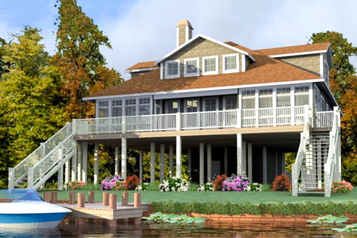 House plan exterior, two stories, elevated on stilts, with a wide porch, double gables, and two sets of exterior stairs.