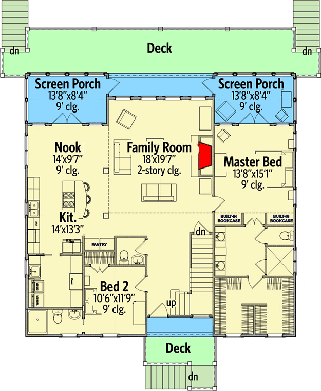 Plan 86227HH: Two Screened Porches and a Deck - Floor Plan - Main Level - Beach, Coastal, Low Country, Vacation