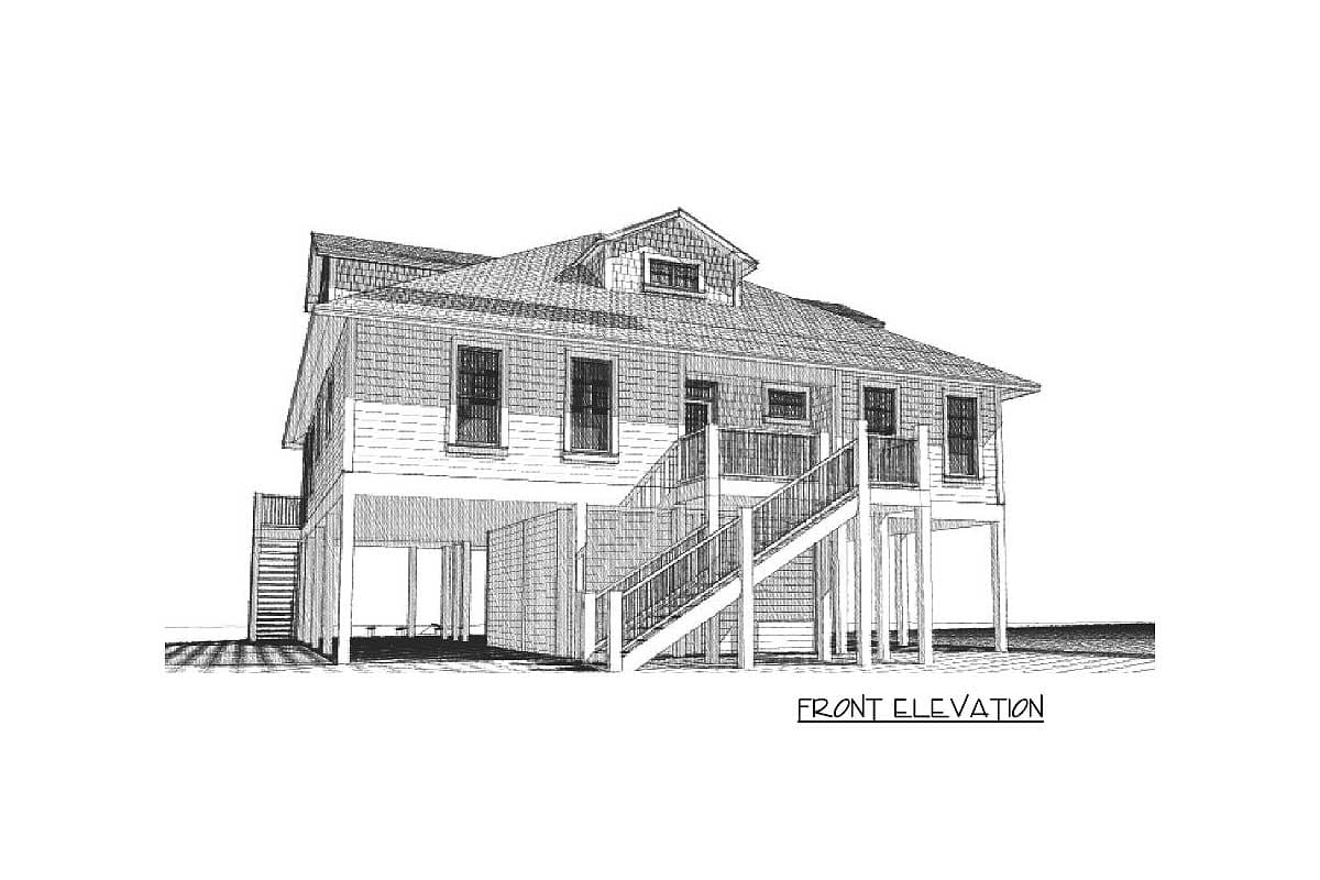 Front elevation drawing of a two-story house plan on stilts with prominent stairs and dormer.