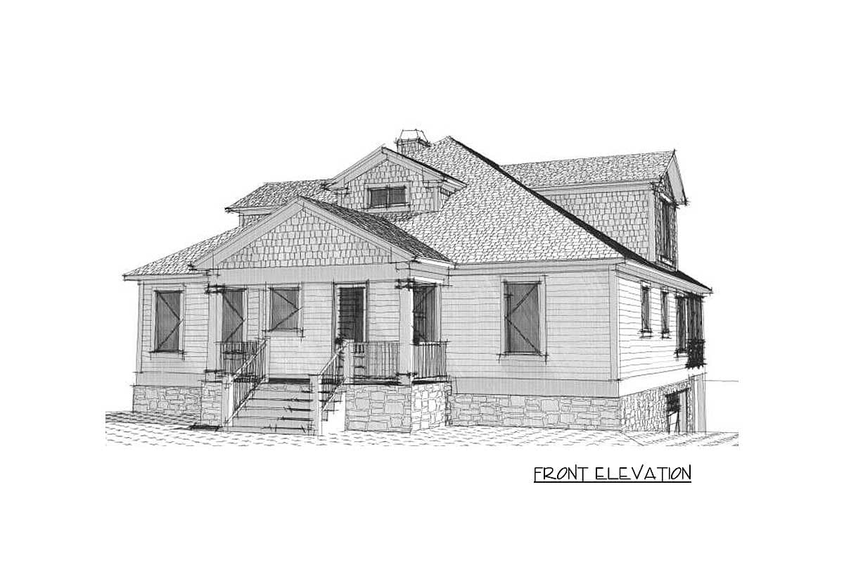 Front elevation drawing of a two-story house with gables, dormers, shingle and clapboard siding, and stone foundation.