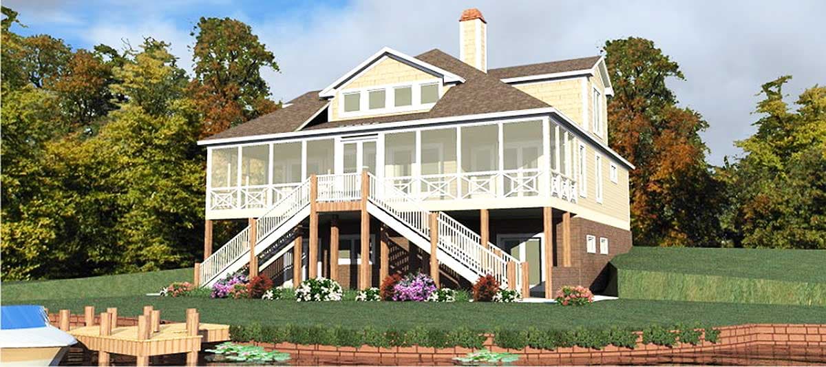 House plan exterior: Two-story home with multiple screened porches, elevated foundation, and prominent staircases.