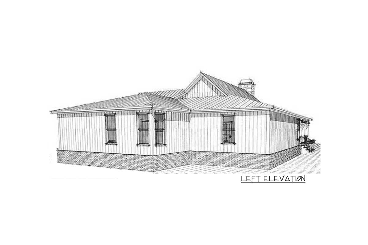 Left elevation house plan drawing shows a one-story home with board-and-batten siding, brick foundation, and gabled roof.