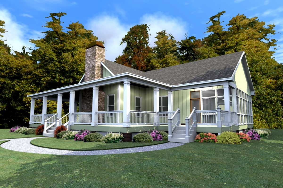 House plan exterior featuring a wraparound porch with columns, stone chimney, and a screened-in section.
