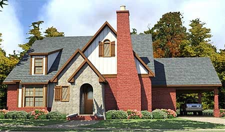 House plan exterior: Two-story Tudor style home with brick chimney, stucco facade, arched entryway, and covered carport.
