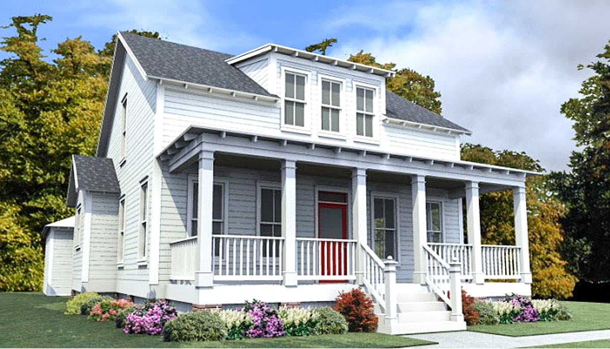 House plan exterior: Two-story home with a wrap-around porch, dormer windows, and gabled rooflines.