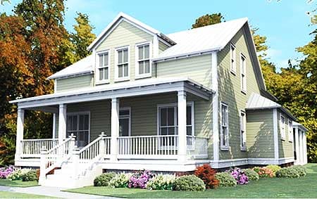 House plan exterior: Two-story Modern Farmhouse with wraparound porch, gables, and standing seam metal roof.