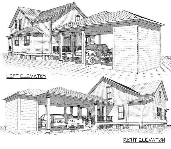Left and right elevation drawings of a two-story house plan with a two-car carport attached, featuring gabled roofs and horizontal siding.