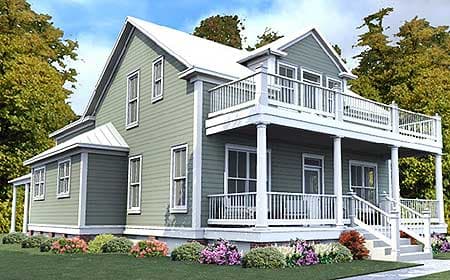 House plan exterior, two-story home with wraparound porch, upper balcony, and gabled roof.
