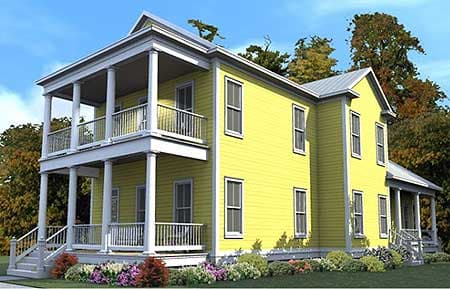 Two-story house plan exterior with a wraparound porch, double balconies supported by columns, and a gabled roof.