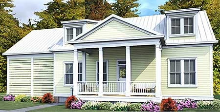 House plan exterior: Two-story cottage with a covered front porch, dormers, and gabled rooflines.