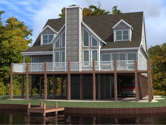 House plan exterior: Two-story modern home on stilts with a large deck, prominent chimney, and ample windows overlooking the water.