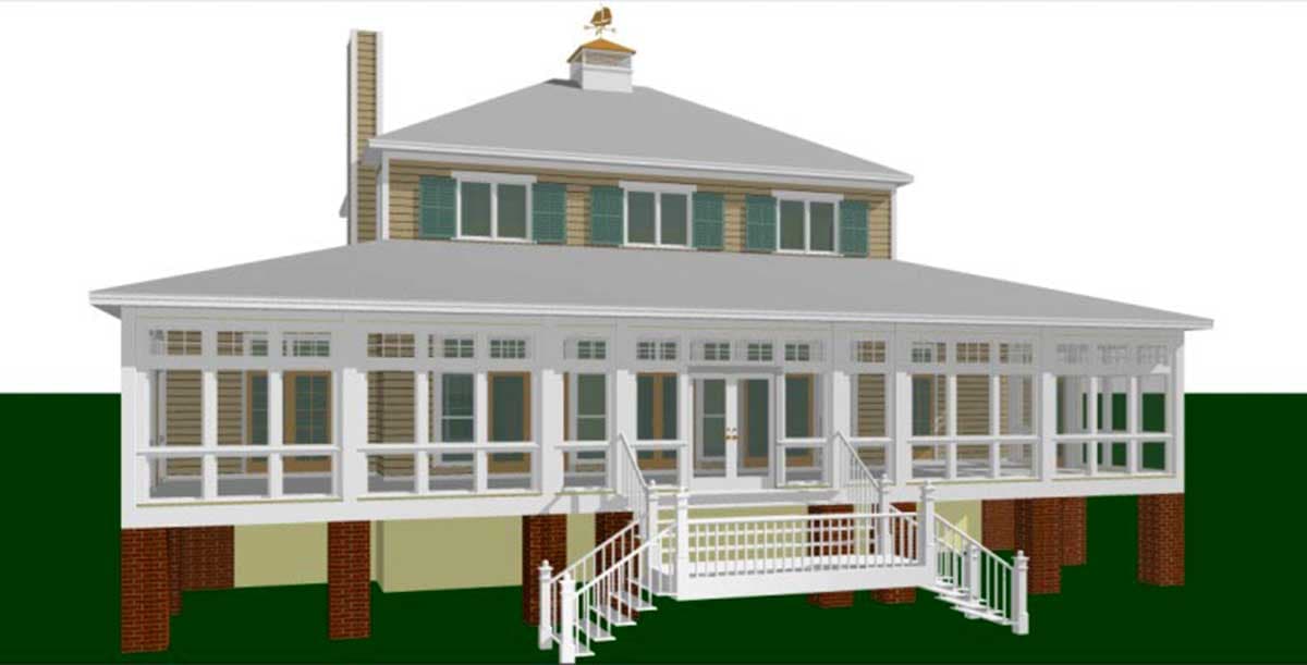 House plan exterior: Two-story home with wrap-around porch, large windows, gabled dormers, and brick piers.
