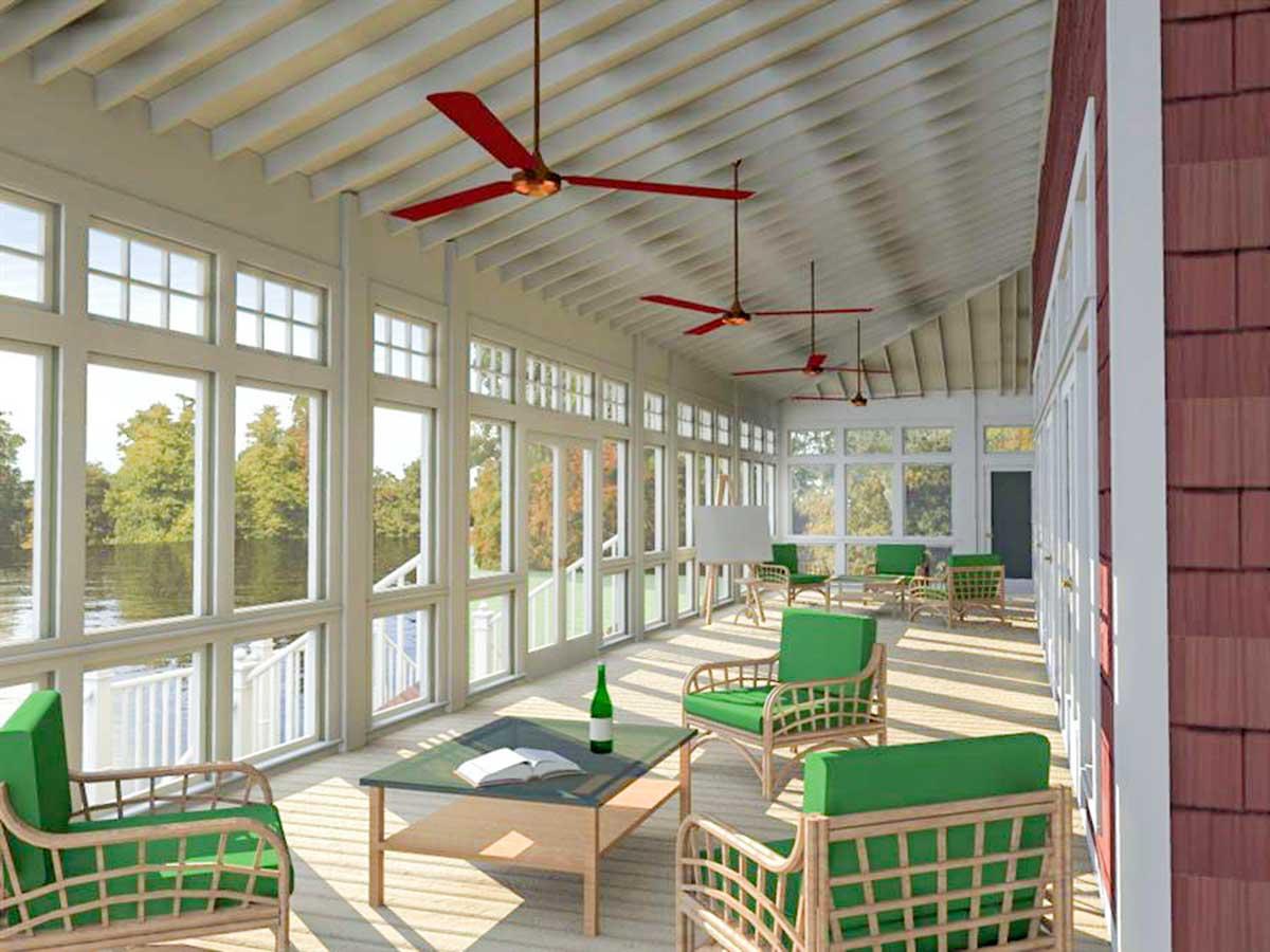 Sunroom interior with numerous windows, ceiling fans, and seating arrangements. Architectural design rendering.