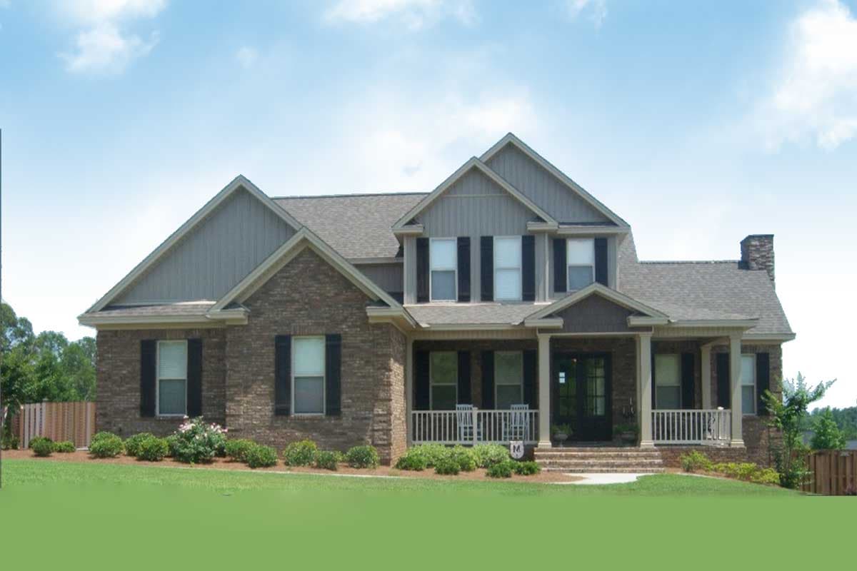 House plan exterior with two stories. Features include a front porch with columns, multiple gables, and a brick and siding facade.