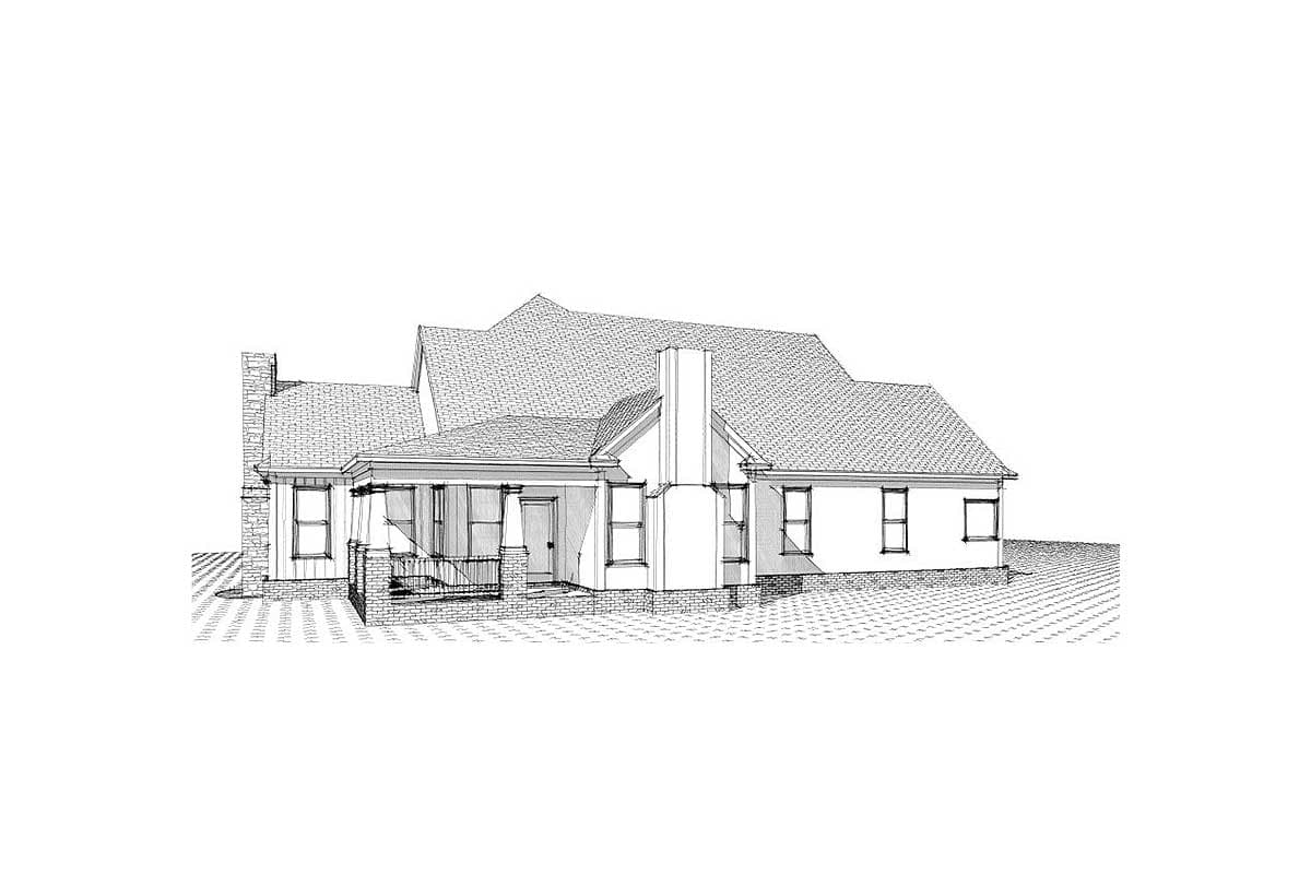 House plan exterior with multiple gables, prominent chimney, covered porch, and varied window configurations.