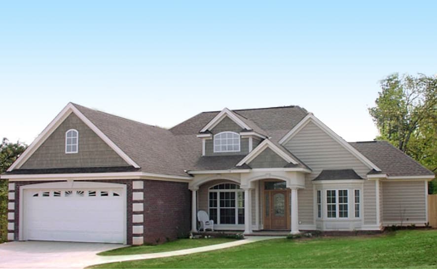 House plan exterior: Single-story home with attached garage, arched dormer, brick accents, and covered entry.