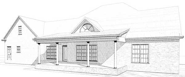 House plan exterior drawing: Ranch style, single-story with a covered porch, gabled dormer with arched window, and brick detailing.