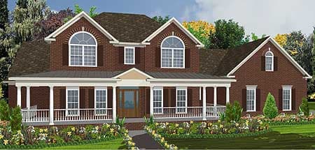 Two-story house plan exterior with a full-width covered porch, arched dormers, and brick facade.