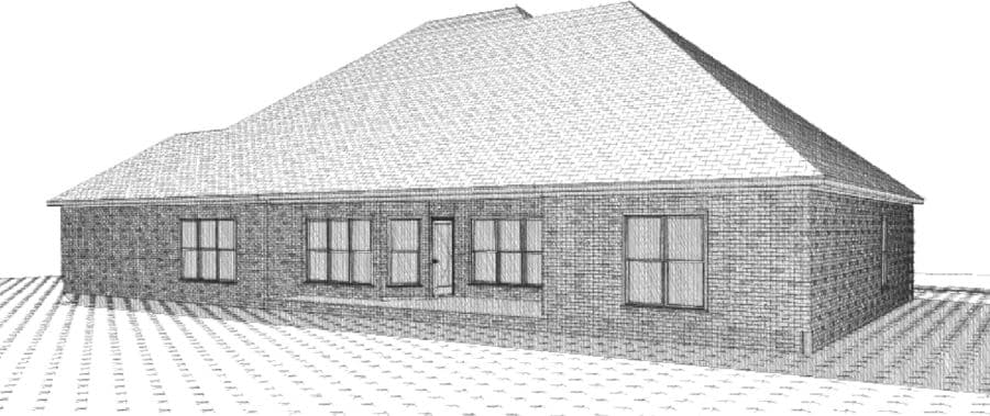 House plan exterior of a one-story brick home with a side-facing entrance, multiple windows, and a hipped roof.