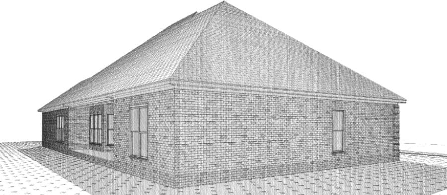 House plan exterior: one-story brick home with hip roof, multiple windows, and covered porch.
