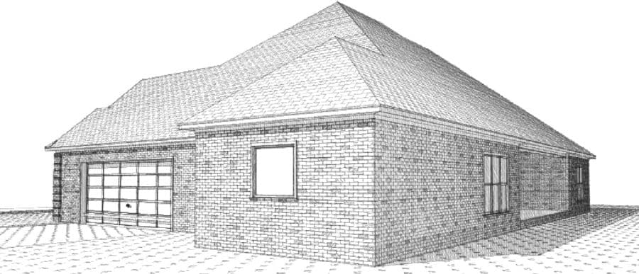House plan exterior, one-story brick home with a hip roof, two windows, and a glass garage door.