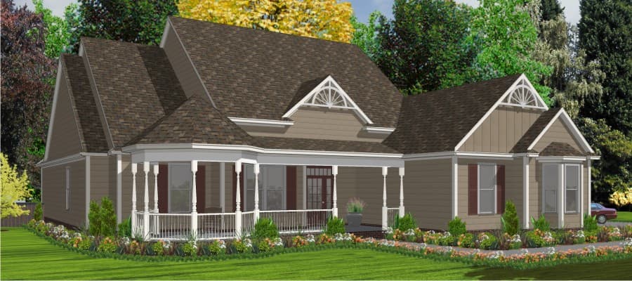 House plan exterior: Tan siding, wraparound porch with white columns, multiple gables with decorative trim, and dormers.