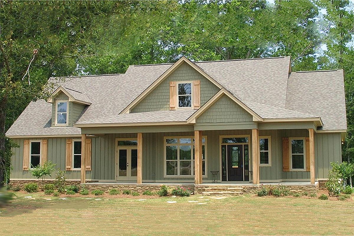 House plan exterior: Modern Farmhouse style, two-story, covered porch with wood columns, gable dormers, and stone foundation.
