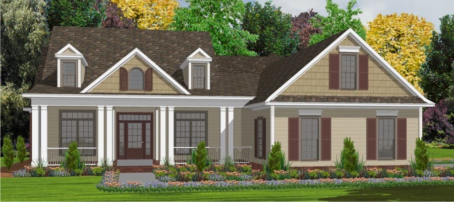 House plan exterior: Ranch style, two stories, with a covered front porch, prominent gables, and dormer windows.