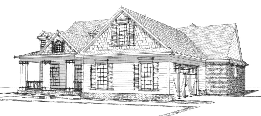 House plan exterior: One-story home with a covered front porch, dormers, and a detached garage with carriage-style doors.