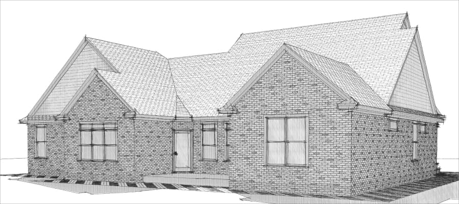 House plan exterior: one-story brick home with multiple gables, steeply pitched roof, and prominent dormer.