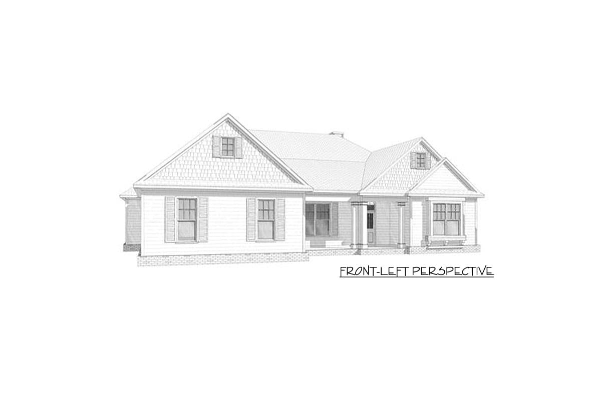 House plan exterior rendering of a one-story Modern Farmhouse with a covered front porch, gables, and dormer windows.