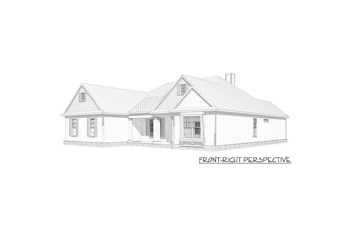 House plan exterior, one story with gables, dormers, and a front porch with square columns.