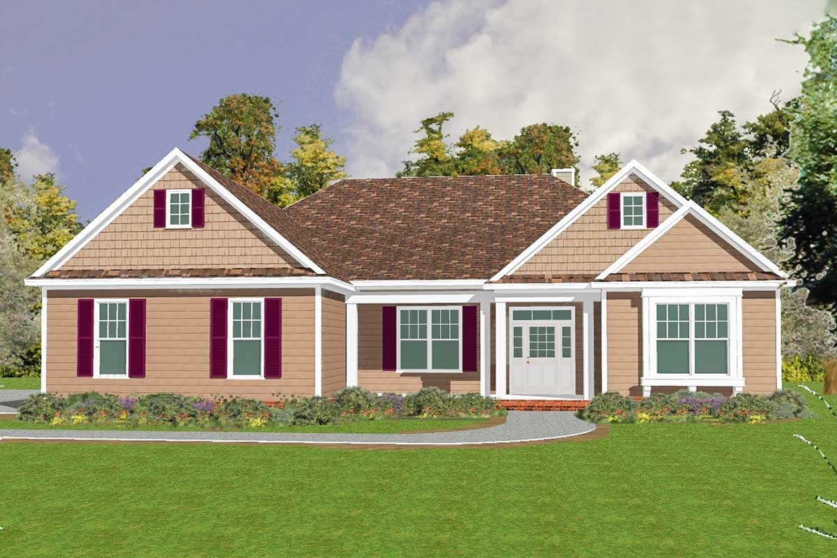 House plan exterior: one-story home with gable dormers, centered front porch, and shake siding.