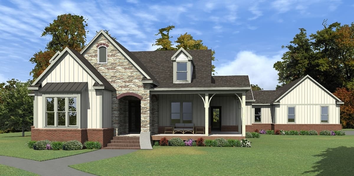 House plan exterior showing a two-story Modern Farmhouse with stone accents, a covered front porch, and gabled dormers.