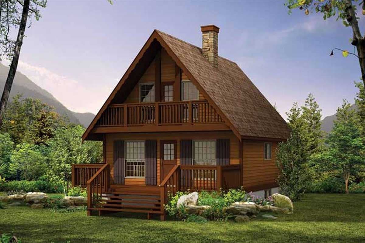 House plan exterior: Two-story A-frame cabin with prominent gables, a second-story balcony, and a stone chimney.