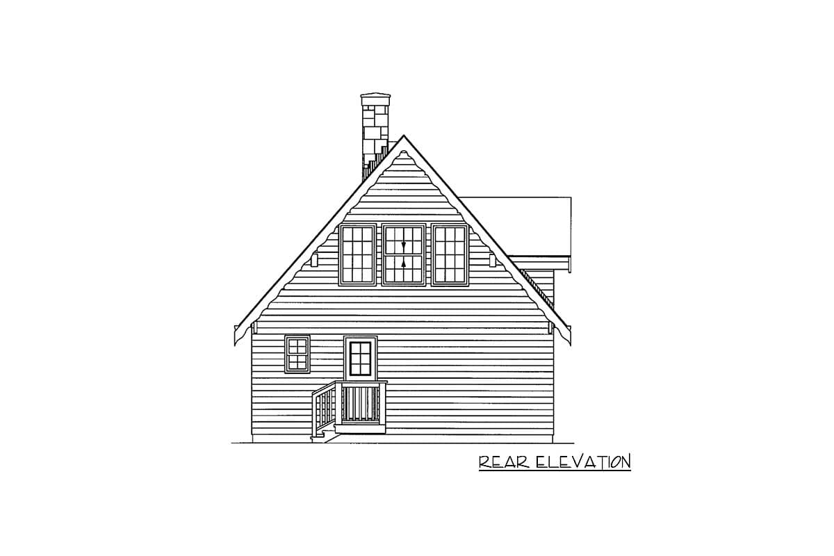 Rear elevation drawing of a two-story house plan with horizontal siding, a prominent gable, chimney, and multiple windows.