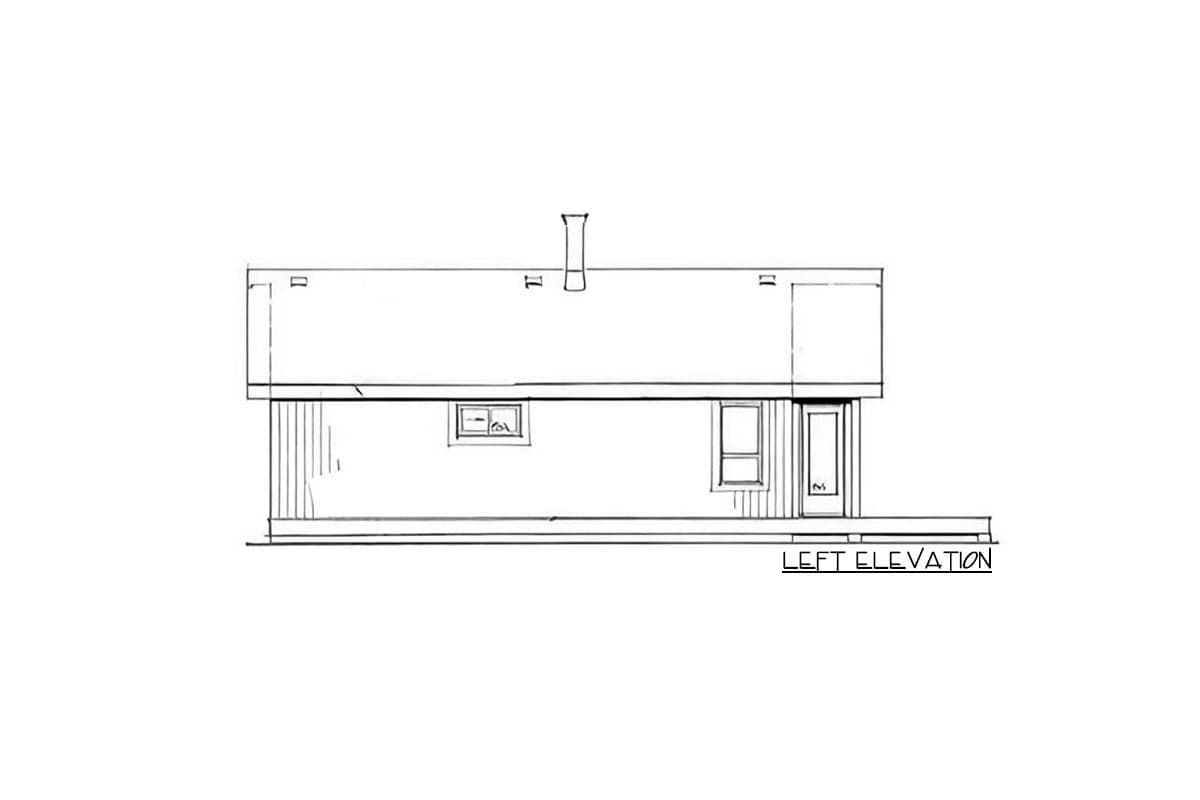 Left elevation drawing of a one-story house with a shed roof, a chimney, one window, and a covered entry with a door.