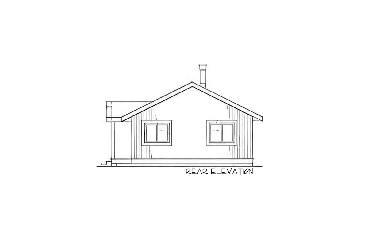 Rear elevation drawing of a one-story house with a gable roof, two windows, and a chimney.
