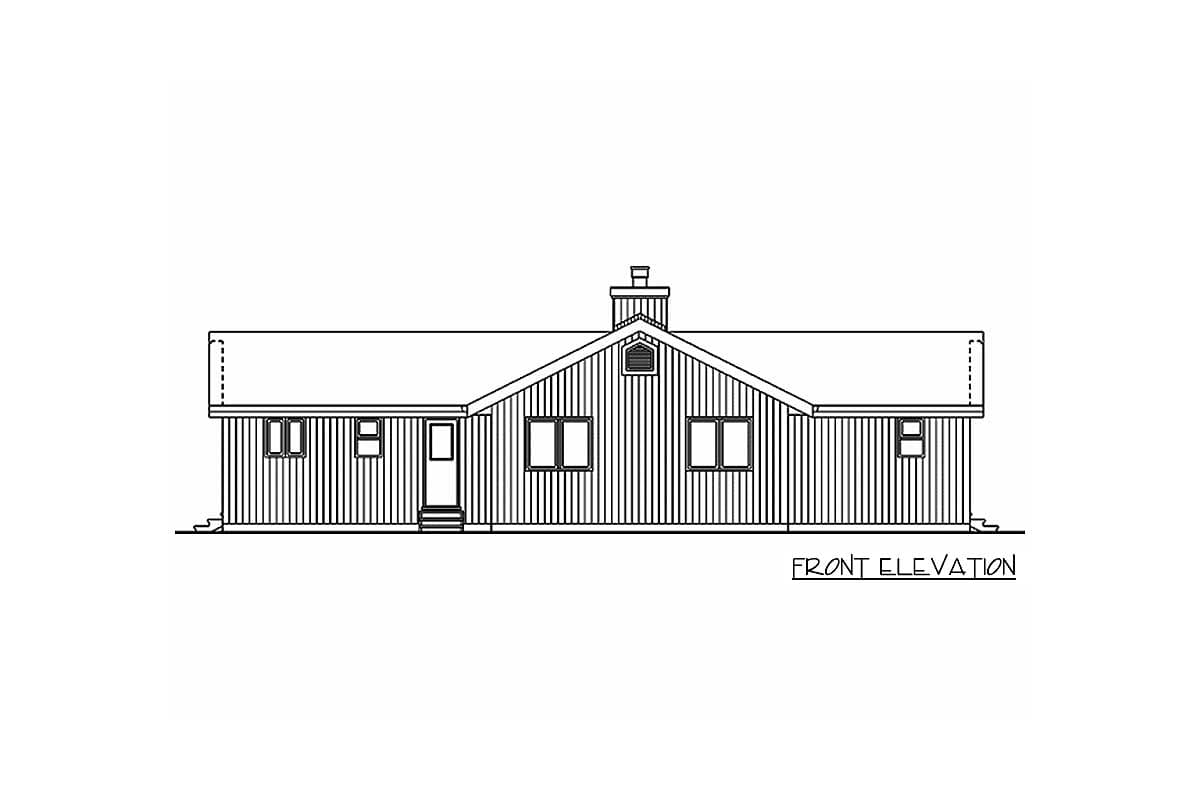 Front elevation drawing of a single-story house plan with a gable roof, dormer, and chimney.