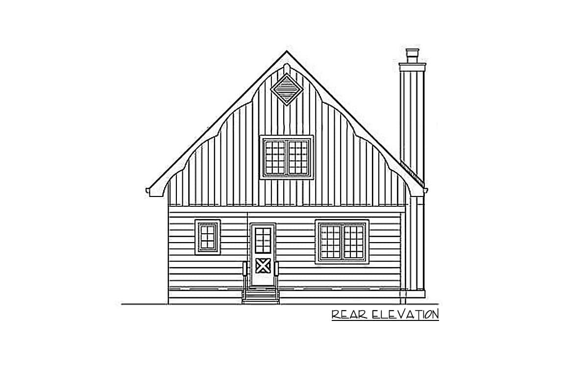 Rear elevation drawing of a two-story house plan with a gambrel roof, multiple windows, and a prominent chimney.